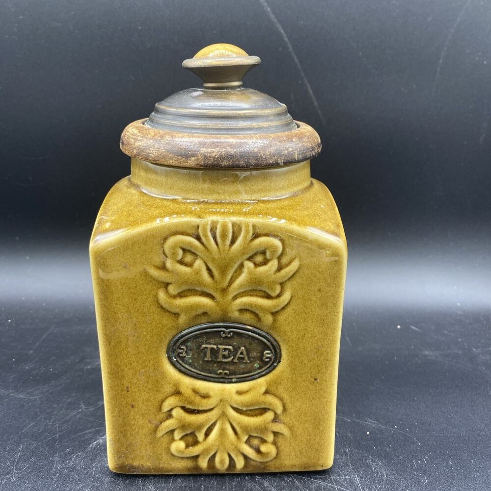 Mustard Tea Canister Ceramic Kitchen Storage Jar Brass Wood Square India
